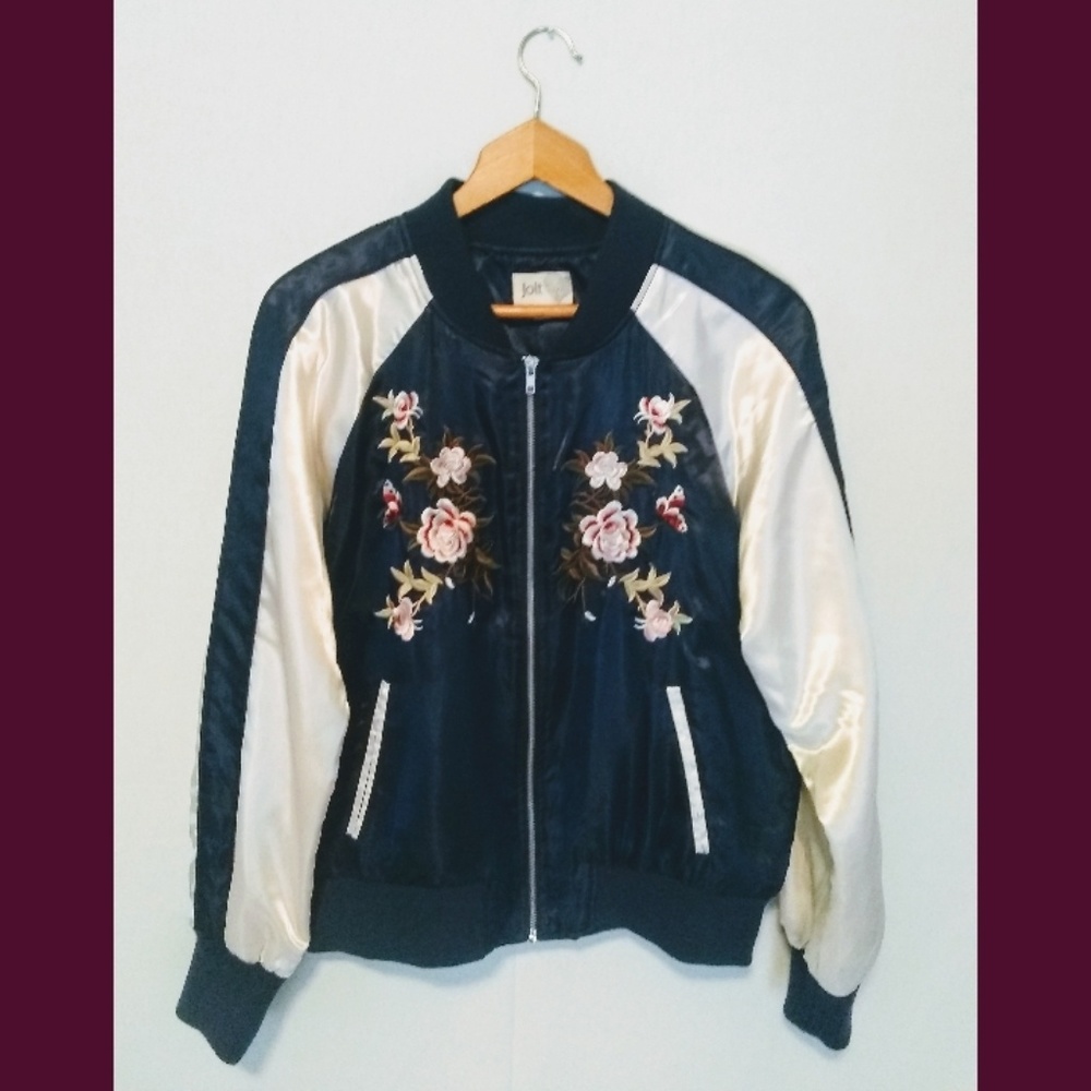 Jolt Floral Embroidered Black Bomber Large Jacket